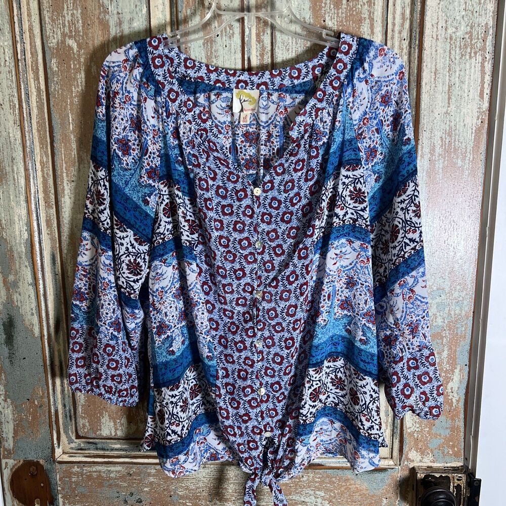 Fig & Flower Blue Red Floral Polyester Long Sleeve Button Top Size XL